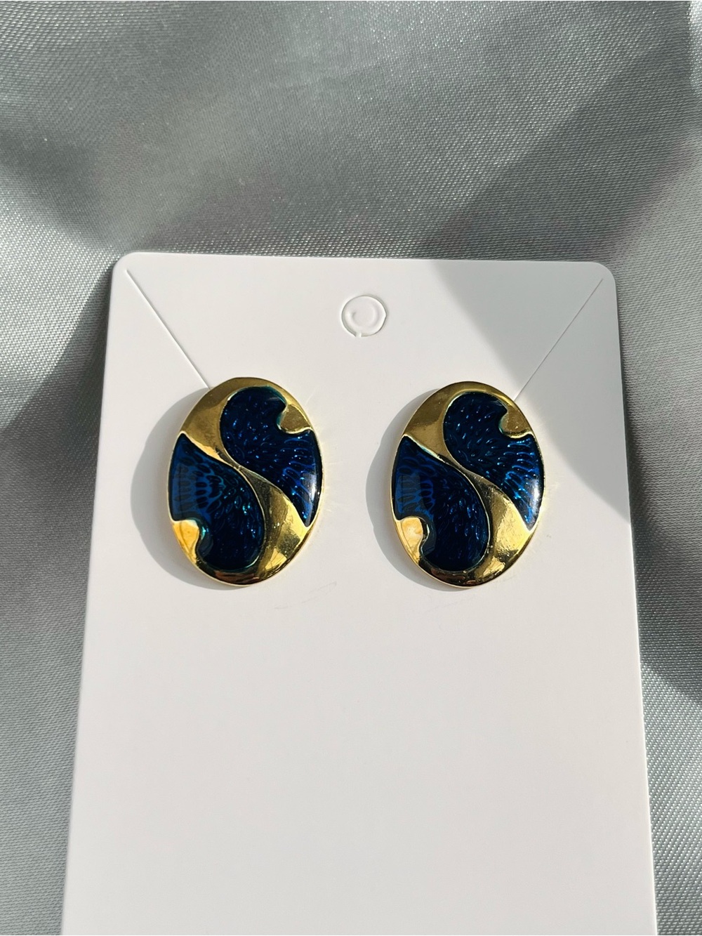 Classic Gold and Deep Blue Enamel Oval Stud Earrings